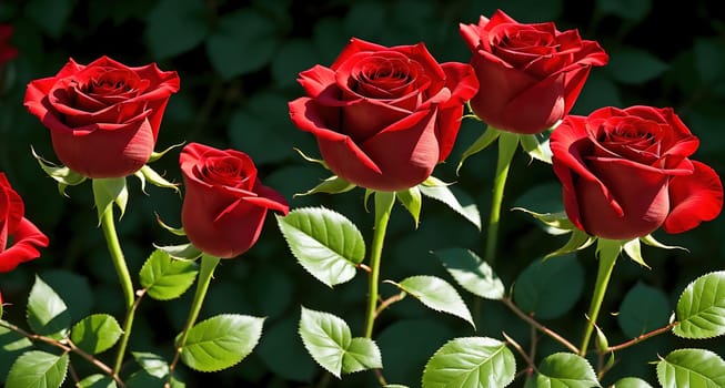 The image shows a group of red roses growing in a garden with green leaves and stems.