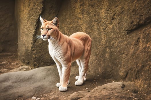 The image shows a white lion standing on a rocky outcropping, looking out into the distance.