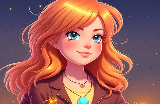 The image shows a young woman with long, curly blonde hair and blue eyes standing in front of a city skyline at night.
