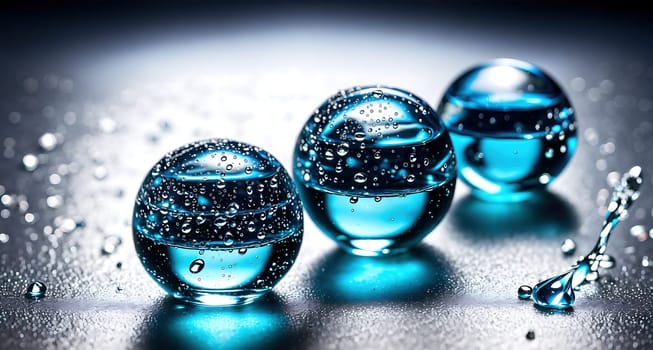 The image is a group of three glass eggs with water droplets on them.