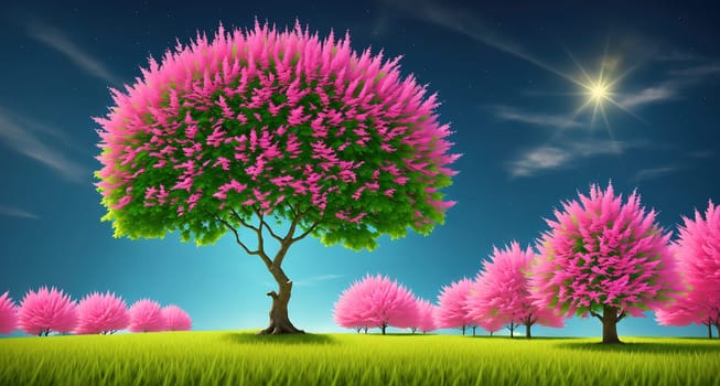The image depicts a serene landscape with pink cherry blossom trees lining a grassy field under a clear blue sky.