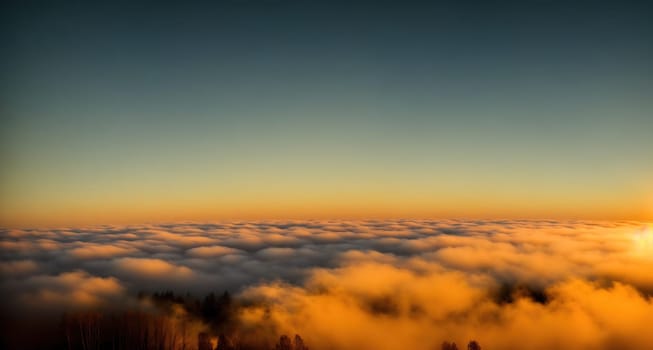 The image is a sunrise over a cloudy landscape with trees in the foreground.