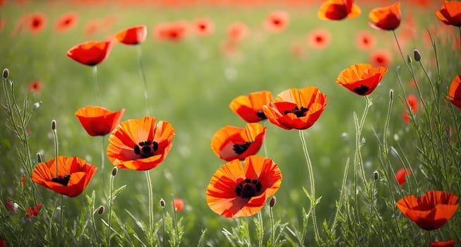 The image shows a field of red poppies swaying in the wind on a green background.