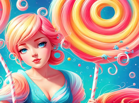 The image depicts a young girl holding a lollipop and wearing a pink dress, surrounded by colorful swirls and clouds.