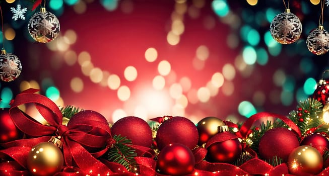 The image is a festive holiday scene with red and green decorations, including Christmas ornaments, garlands, and a wreath hanging on a door.