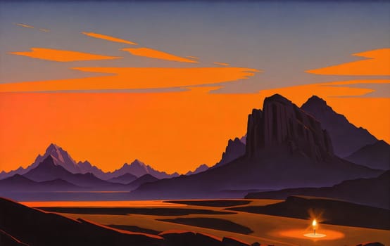 The image shows a desert landscape with mountains in the background and a small campfire in the foreground.