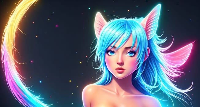The image depicts a young woman with long, flowing blue hair and a crescent moon tattoo on her forehead, standing in front of a colorful background.