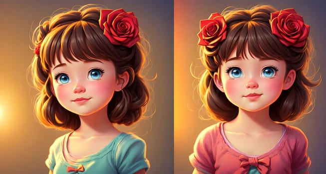 The image depicts a young girl with long, curly hair and rosy cheeks, wearing a pink dress and looking up at the sky with a curious expression on her face.