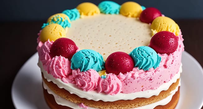 The image shows a colorful cake with pink and blue frosting and sprinkles on top.