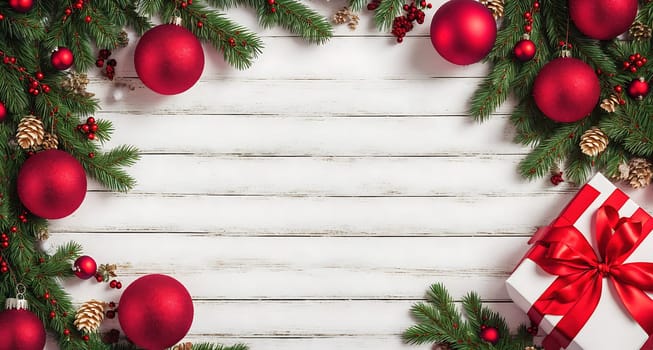 The image is a festive holiday scene with a red ribbon and ornaments hanging from a wooden frame.