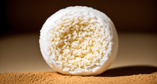 The image is a white rice grain sitting on top of a pile of sand.