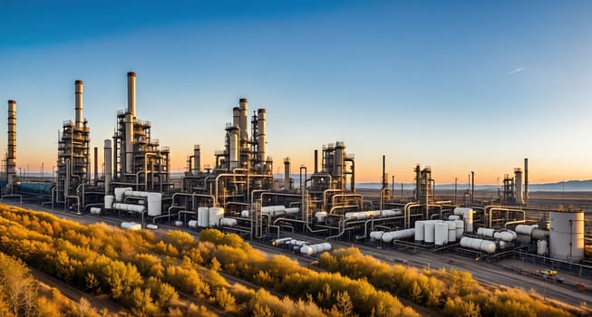 The image shows a large industrial complex with rows of oil refineries and storage tanks in the background.
