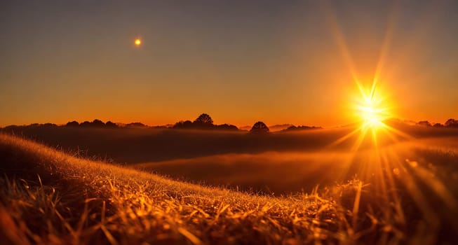 The image shows a sunrise over a field of grass with mountains in the background.