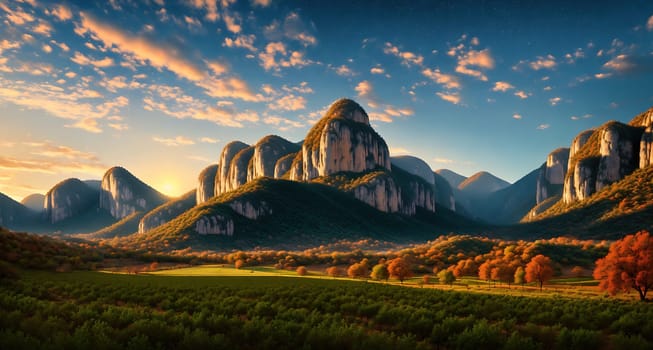 The image is a scenic landscape with mountains in the background and a green valley in the foreground.