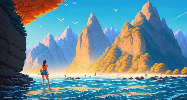 The image depicts a woman standing on a rock in the middle of a river, surrounded by mountains and trees.
