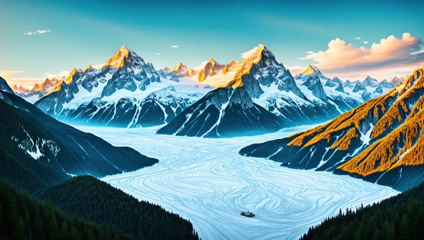 The image shows a mountainous landscape with a river running through it, surrounded by snowcapped mountains in the distance.