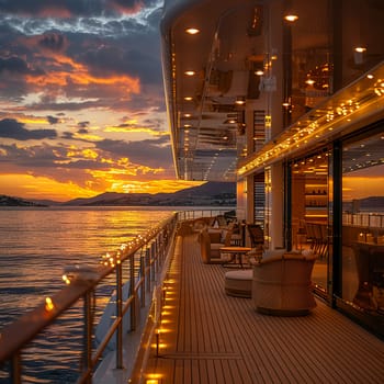 Sunset Cruise Ship Deck Hosting Corporate Celebrations, The golden blur of a sunset on the deck sets the scene for exclusive business festivities.