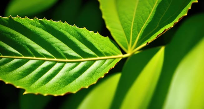 The image shows a close up of a green leaf with veins on the surface.