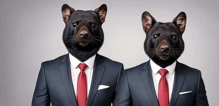 The image depicts two dogs wearing suits and ties, one with a collar and the other with a bow tie.