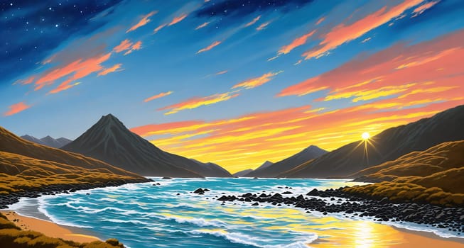 The image depicts a serene sunset over a body of water with mountains in the background.