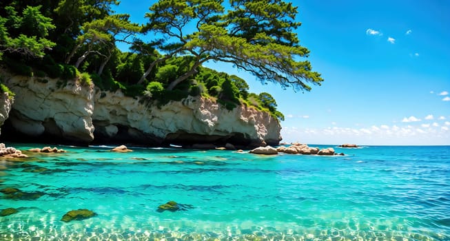 The image shows a rocky coastline with a small island in the distance, surrounded by clear blue water and lush green trees.