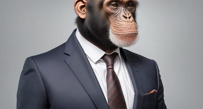 The image shows a monkey wearing a suit and tie standing in front of a gray background.