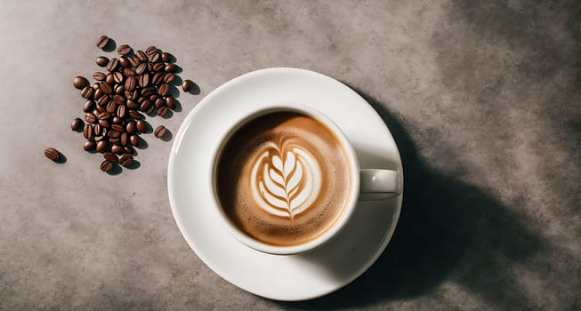The image is a white cup of coffee with a spoon in it, surrounded by coffee beans on a table.