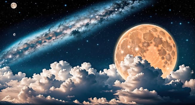 The image depicts a full moon in the sky with clouds and stars in the background.