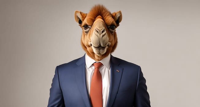 The image is a cartoon of a man wearing a suit and tie, with a camels head on his shoulders.