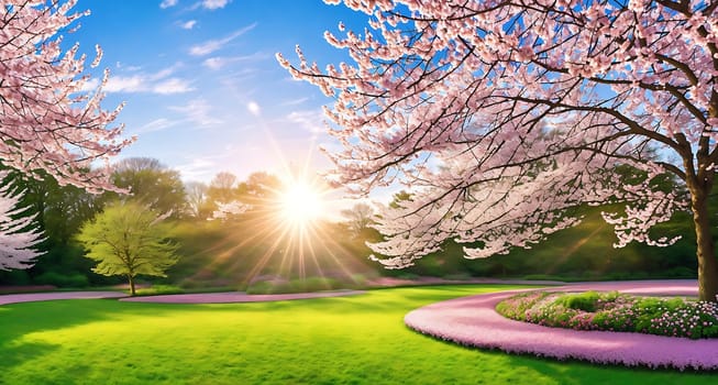 The image shows a serene and peaceful scene with a pink cherry blossom tree in the foreground, surrounded by green grass and a path leading to a sunlit meadow in the background.