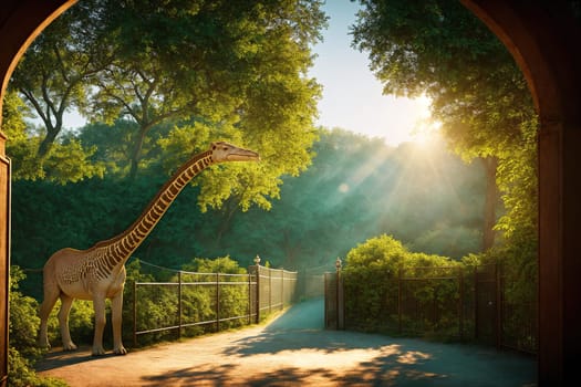 The image shows a giraffe standing in the middle of a pathway surrounded by trees and bushes, with the sun shining through the trees and casting a warm glow on the ground.