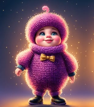 The image depicts a cartoon character wearing a pink sweater and hat, with a big smile on its face.