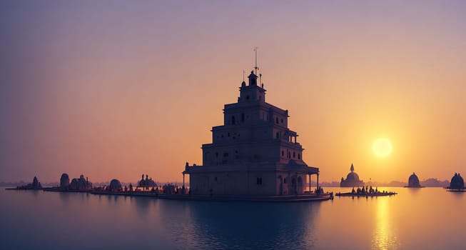 The image depicts a small island in the middle of a large body of water, with a tall tower on top of it, surrounded by a group of boats.