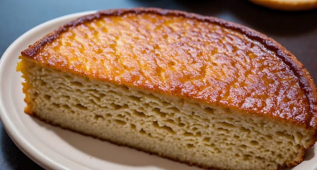 The image is a slice of cake with a lemon on top.