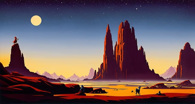 The image is a desert landscape with rock formations in the foreground and a crescent moon in the sky.
