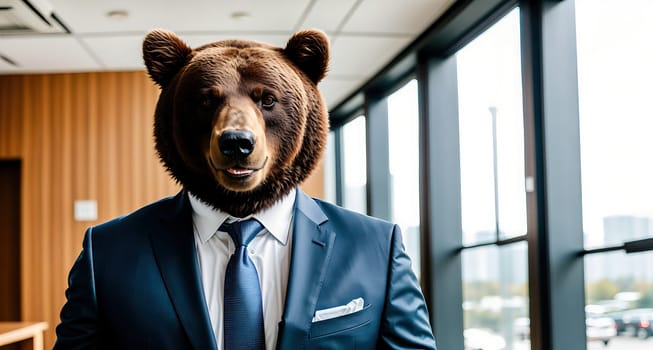 The image shows a man wearing a suit and tie standing in front of a window with a bears head on his shoulders.