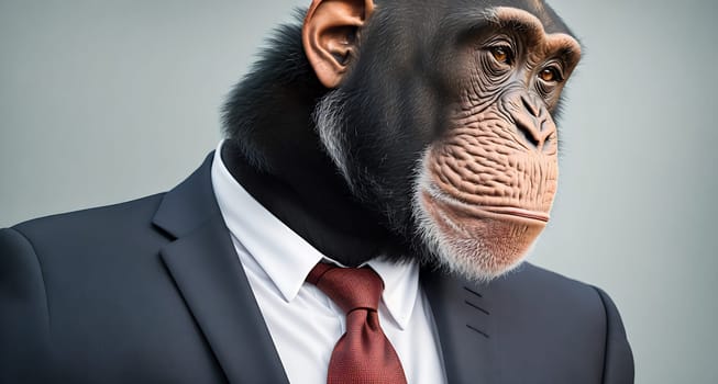 The image shows a monkey wearing a suit and tie standing in front of a gray background.