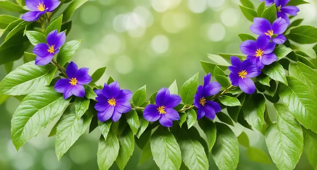 The image shows a purple flower garland hanging on a green background with blurred lights in the background.