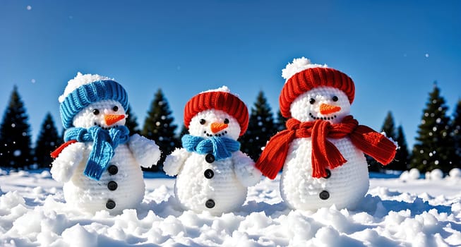 The image shows three snowmen standing in the snow, wearing hats and scarves, and looking at the camera.