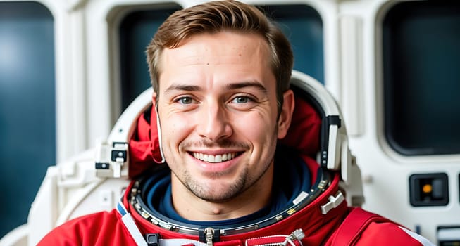 The image shows a man in a spacesuit standing in front of a space shuttle, smiling and looking directly at the camera.