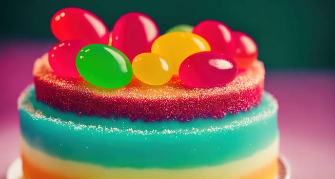 The image is a colorful cake with a rainbow colored frosting and gummy bears on top.