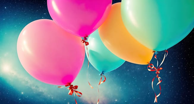 The image shows a group of colorful balloons floating in the air with stars in the background.