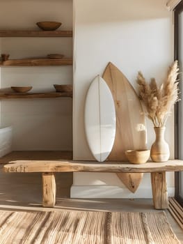 The furniture in the living room includes a wooden bench and a surfboard displayed on the wall. The wood stain on the bench complements the shelving unit in the room