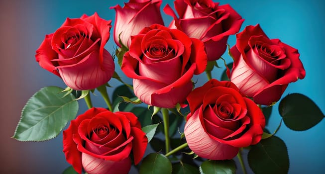 The image shows a bouquet of red roses arranged in a vase with a blue background.