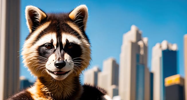 The image shows a raccoon standing on a ledge, looking out at the city skyline in the background.