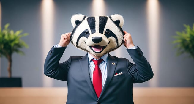 The image shows a man in a business suit holding a stuffed animal, possibly a raccoon, in front of a blank wall.