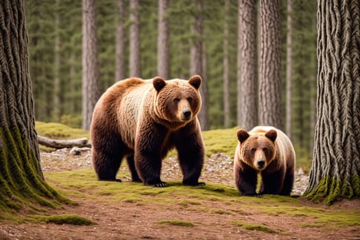 The image shows two brown bears standing in a forest, one of them looking directly at the camera while the other looks away.