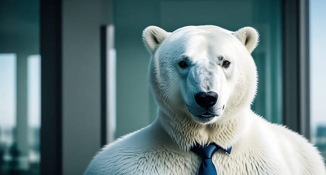 The image shows a polar bear wearing a business suit standing in front of a window.
