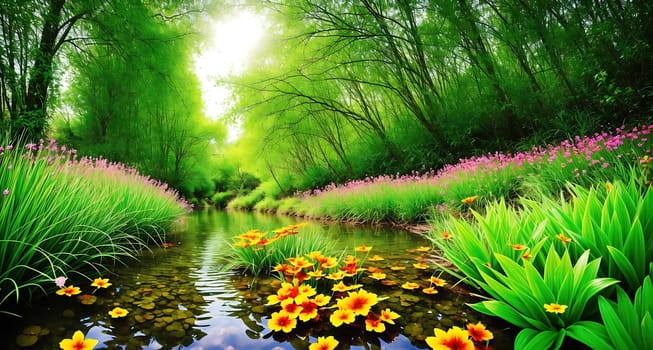 The image depicts a serene and peaceful scene of a river flowing through a lush green forest with colorful flowers and trees on either side.