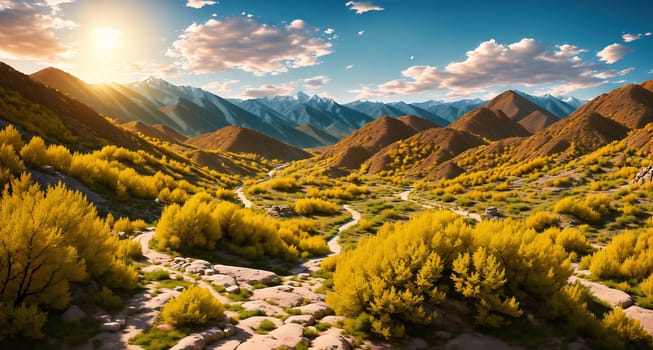 The image is a scenic view of a mountainous landscape with a river running through it, surrounded by trees and rocks.